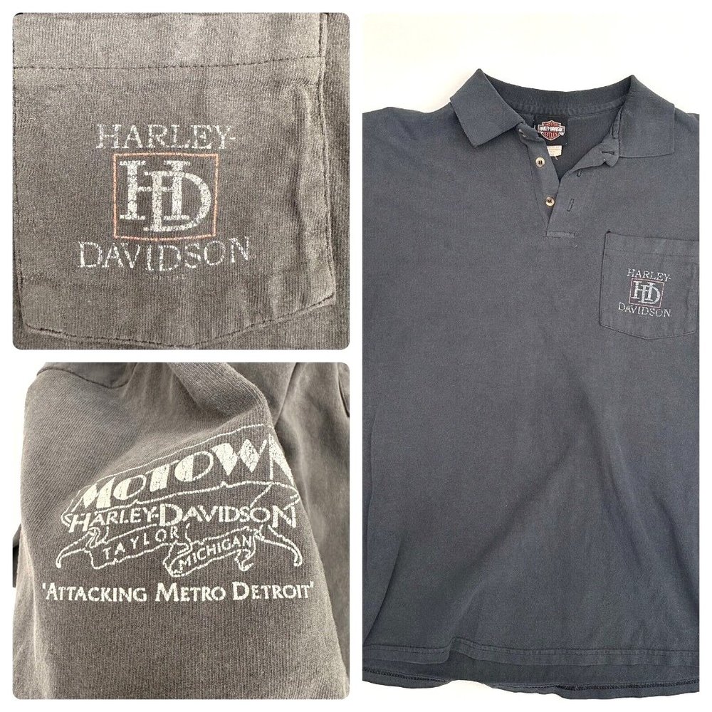 Vintage Faded Black Harley Davidson Distressed polo, Shirt Men's L Motown Taylor